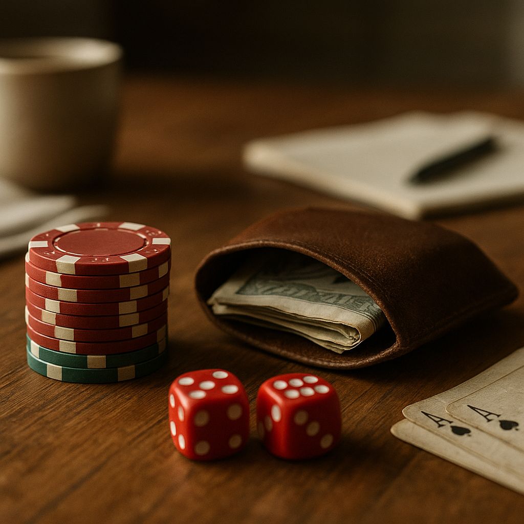 Player tracking blackjack hands with chips and a notebook