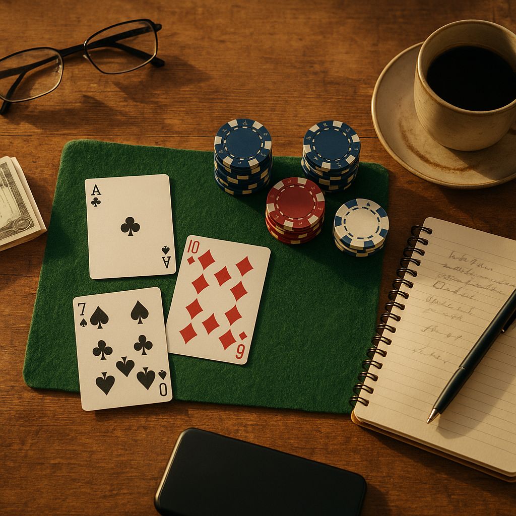Small home game poker table with friends and cards
